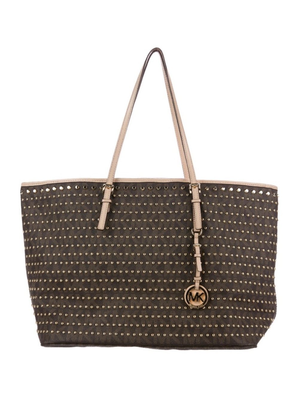 Michael Kors Dark Brown Tote with Gold Studs and Tan Handles